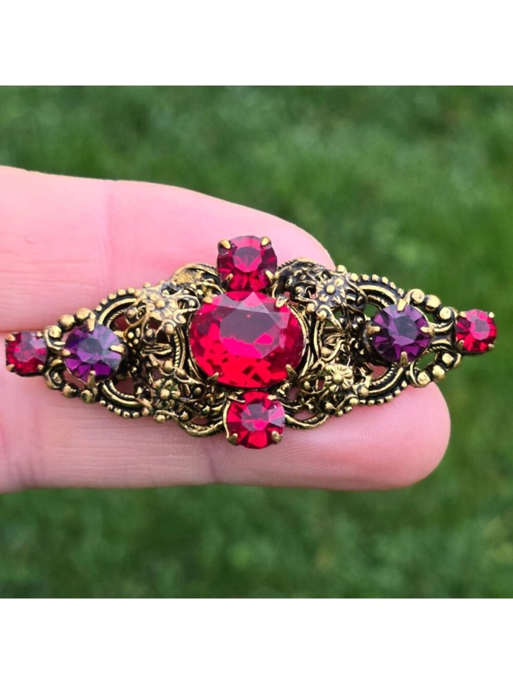 Antique Brooch Czech Glass Brass Filigree Pin Ruby Red Purple Czechoslovakia